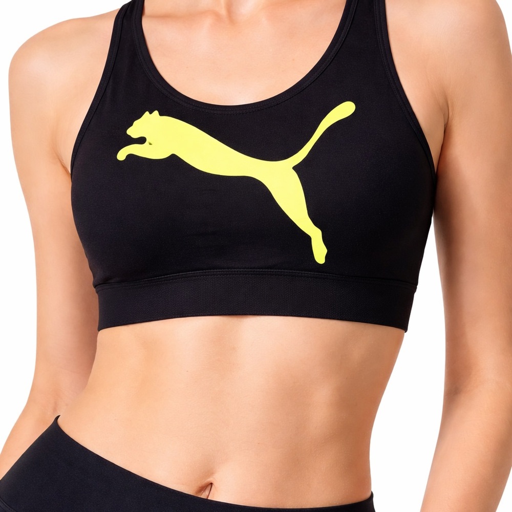 Puma Sports Bra Strappy Crossback Black Neon Yellow Size M